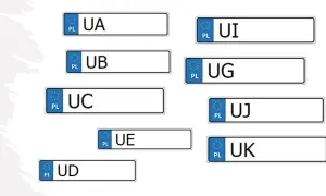 Przykładowe tablice rejestracyjne z literami UA, UB, UC, UD, UE, UI, UG, UJ, UK.