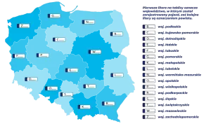 Mapa Polski z literami oznaczającymi województwa, klucz do rejestracji SC.