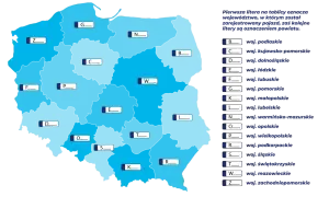Mapa Polski z zaznaczonymi województwami i literami oznaczającymi powiaty.