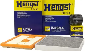 Zestaw filtrów Hengst: filtr powietrza E1105L, kabinowy E2998LC i olejowy H317W01.