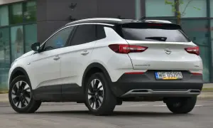 Biały Opel Grandland X z czarnym dachem, z tyłu. Zastanawiasz się, opel grandland x jaki silnik wybrać?