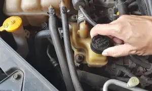 Dłoń odkręca korek zbiorniczka z napisem "POWER STEERING FLUID ONLY". Tu wlejesz płyn do wspomagania kierownicy.