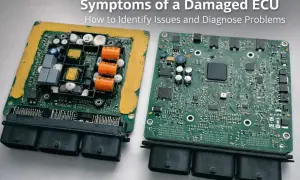 Dwa moduły ECU, jeden z pomarańczowymi kondensatorami, drugi z zieloną płytką drukowaną. Poznaj objawy uszkodzonego ECU.