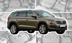 Brązowy Skoda Kodiaq na tle silników. Sprawdź skoda kodiaq opinie przed zakupem.