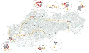 Mapa Słowacji z zaznaczonymi płatnymi autostradami i węzłami drogowymi. Widoczne są główne miasta jak Bratysława, Żylina, Koszyce.