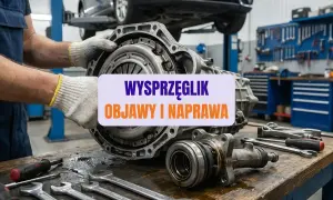 Mechanik pokazuje uszkodzony wysprzęglik. Na stole leżą klucze i narzędzia. Naprawa skrzyni biegów jest w toku.