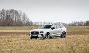 Srebrne Volvo XC60 Polestar na tle suchej trawy i drzew.