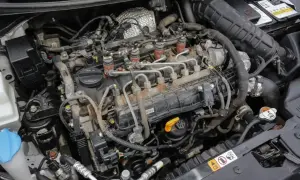 Silnik 1.6 CRDI, widok z góry. Wiele przewodów i elementów, typowe dla diesla. Szukając "1.6 CRDI opinie", warto zwrócić uwagę na stan techniczny.