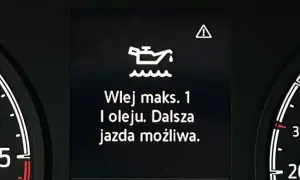 Kontrolka oleju z falą: "Wlej maks. 1 l oleju. Dalsza jazda możliwa." Ostrzeżenie o niskim poziomie oleju.