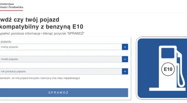 Strona Ministerstwa Klimatu i Środowiska pozwala sprawdzić, czy Twój pojazd jest kompatybilny z benzyną E10. Ikona stacji paliw z napisem E10.