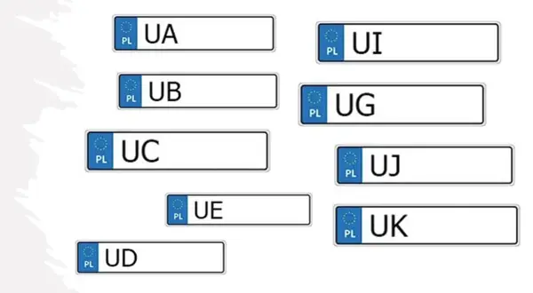 Przykładowe tablice rejestracyjne z literami UA, UB, UC, UD, UE, UI, UG, UJ, UK.