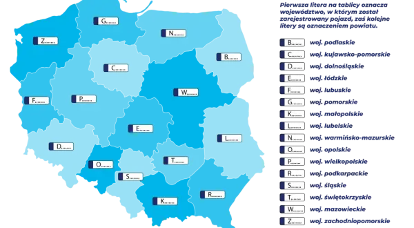 Mapa Polski z zaznaczonymi województwami i literami oznaczającymi powiaty.