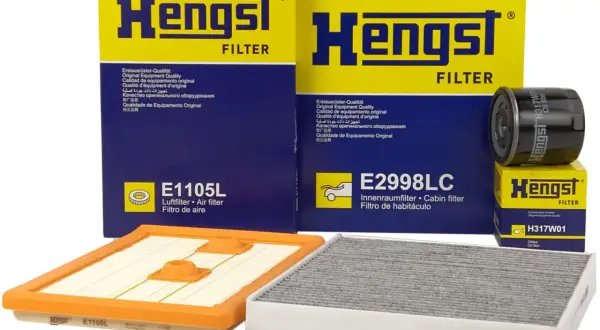 Zestaw filtrów Hengst: filtr powietrza E1105L, kabinowy E2998LC i olejowy H317W01.