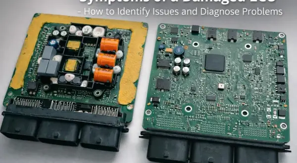 Dwa moduły ECU, jeden z pomarańczowymi kondensatorami, drugi z zieloną płytką drukowaną. Poznaj objawy uszkodzonego ECU.