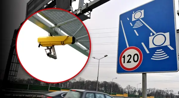System odcinkowy pomiar prędkości S7. Żółta kamera monitoruje ruch, a znak informuje o limicie 120 km/h.