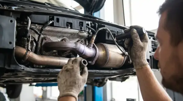 Mechanik naprawia układ wydechowy Renault, prawdopodobnie z powodu błędu dtc p0420.