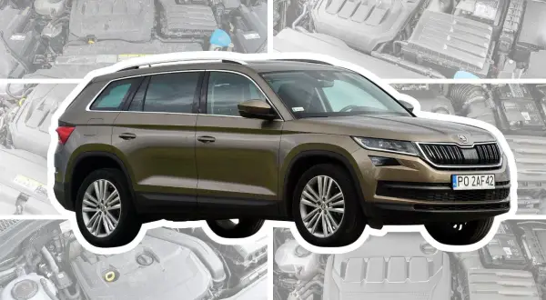 Brązowy Skoda Kodiaq na tle silników. Sprawdź skoda kodiaq opinie przed zakupem.