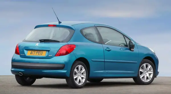 Niebieski Peugeot 207 1.4 benzyna z tyłu, na tle błękitnego nieba.