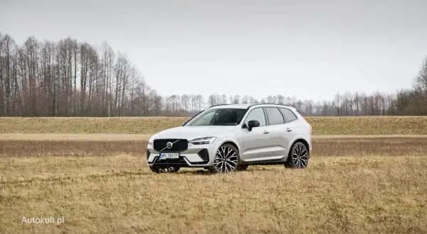 Srebrne Volvo XC60 Polestar na tle suchej trawy i drzew.