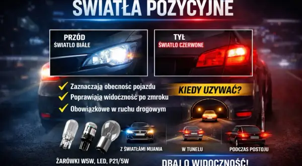 Światła pozycyjne: białe z przodu, czerwone z tyłu. Zwiększają widoczność i bezpieczeństwo na drodze.