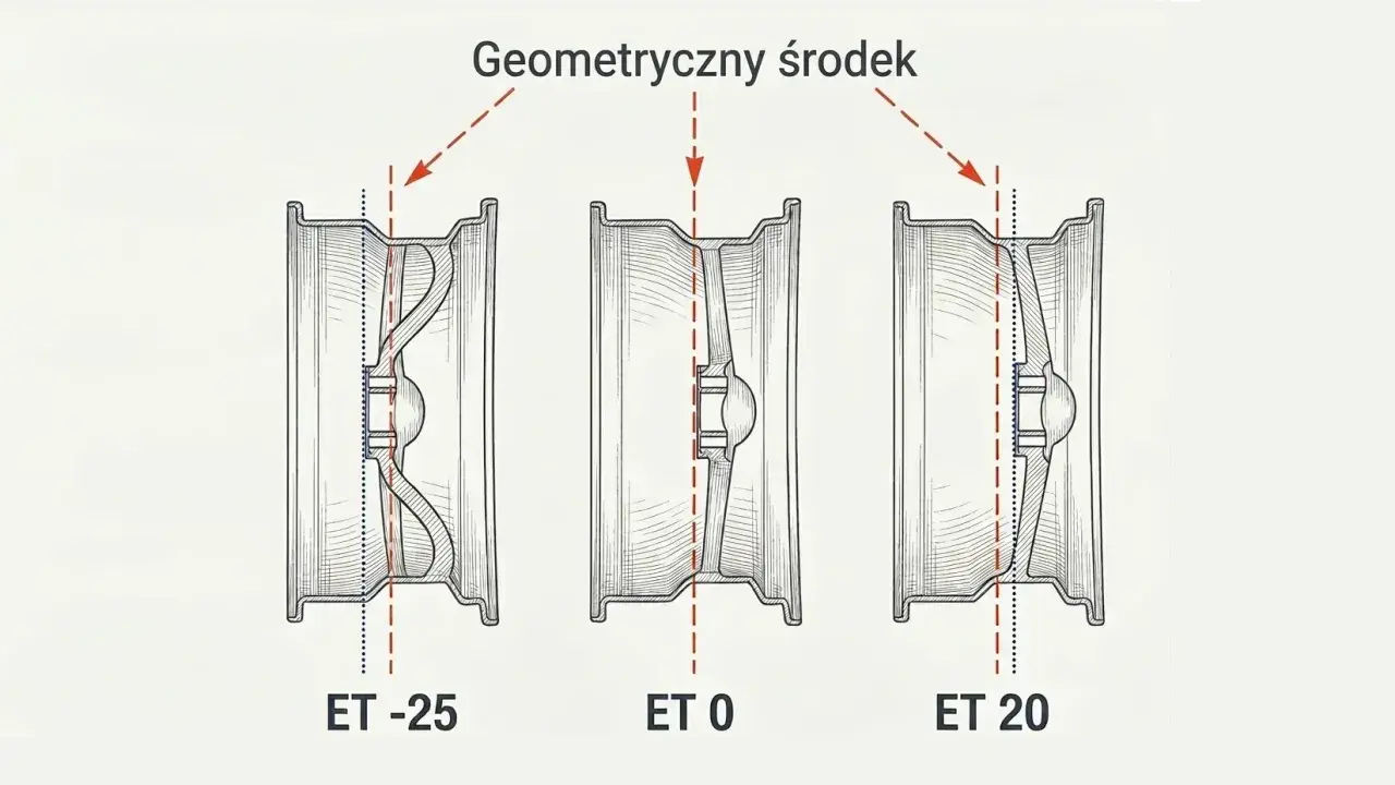 Ilustracja pokazuje trzy felgi z różnym osadzeniem: ET -25, ET 0 i ET 20. Pokazuje to, jak zmienia się położenie geometrycznego środka felgi względem jej płaszczyzny montażowej.