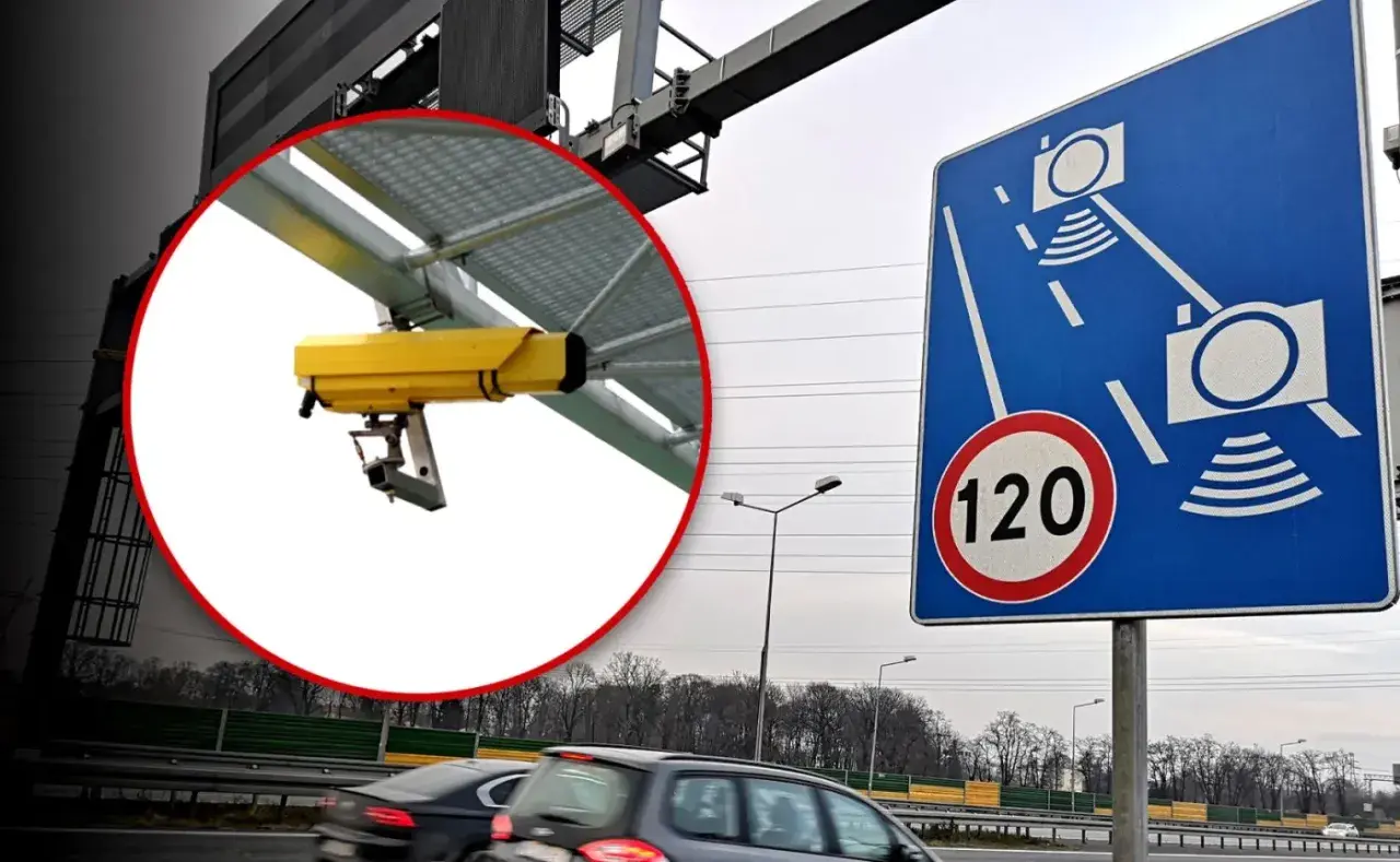 System odcinkowy pomiar prędkości S7. Żółta kamera monitoruje ruch, a znak informuje o limicie 120 km/h.