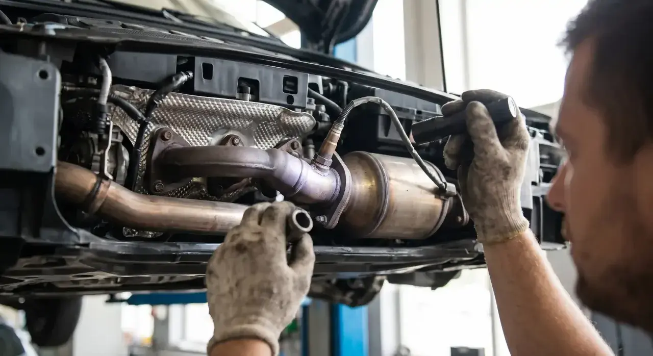 Mechanik naprawia układ wydechowy Renault, prawdopodobnie z powodu błędu dtc p0420.