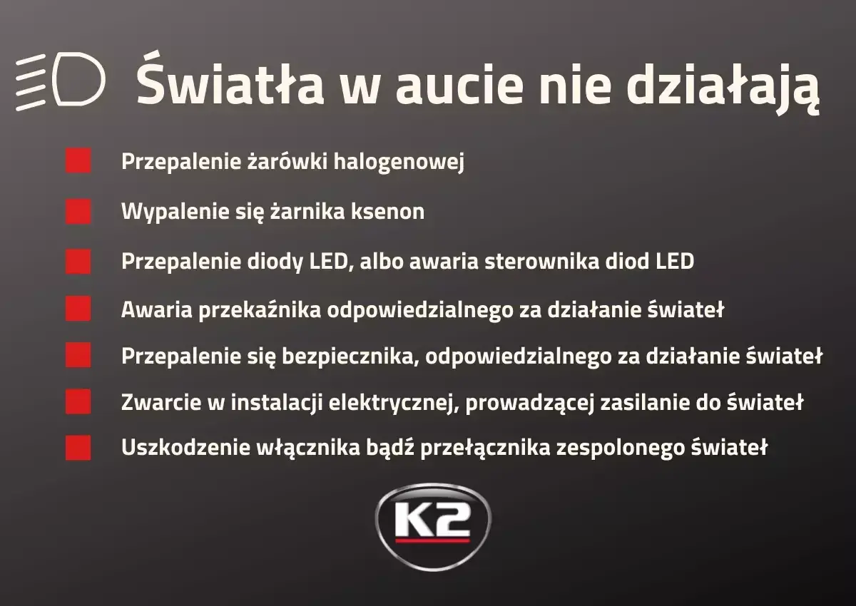 Lista przyczyn niedziałających świateł w aucie: przepalone żarówki, awarie LED, bezpieczników, przekaźników, instalacji elektrycznej lub włącznika.