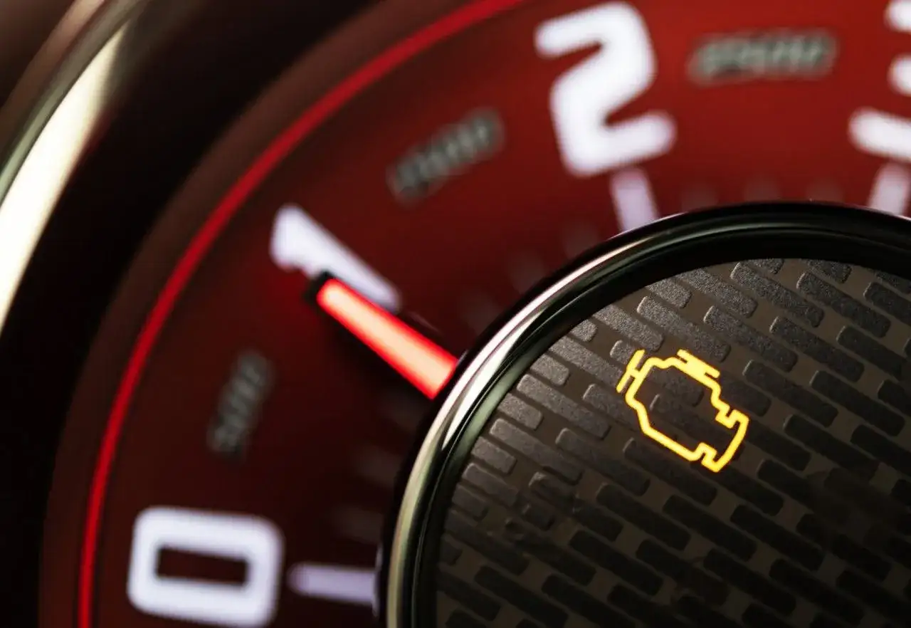 Żółta kontrolka **check engine** świeci się na desce rozdzielczej samochodu, sygnalizując problem.
