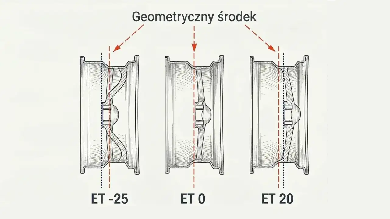 Ilustracja pokazuje trzy felgi z różnym osadzeniem: ET -25, ET 0 i ET 20. Pokazuje to, jak zmienia się położenie geometrycznego środka felgi względem jej płaszczyzny montażowej.