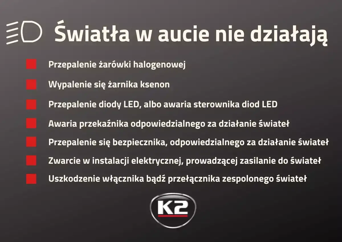 Lista przyczyn niedziałających świateł w aucie: przepalone żarówki, awarie LED, bezpieczników, przekaźników, instalacji elektrycznej lub włącznika.