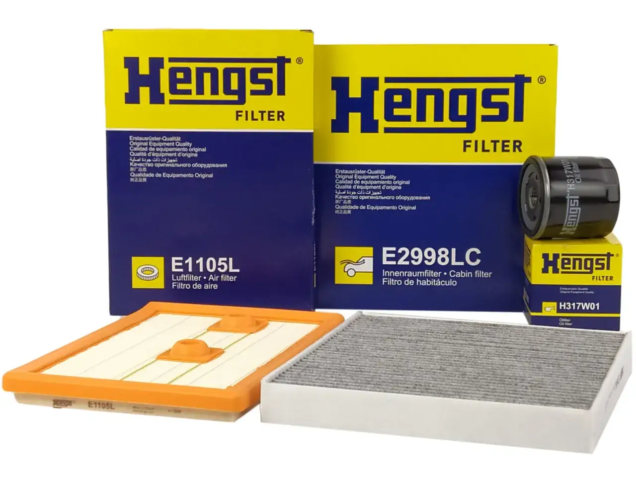 Zestaw filtrów Hengst: filtr powietrza E1105L, kabinowy E2998LC i olejowy H317W01.