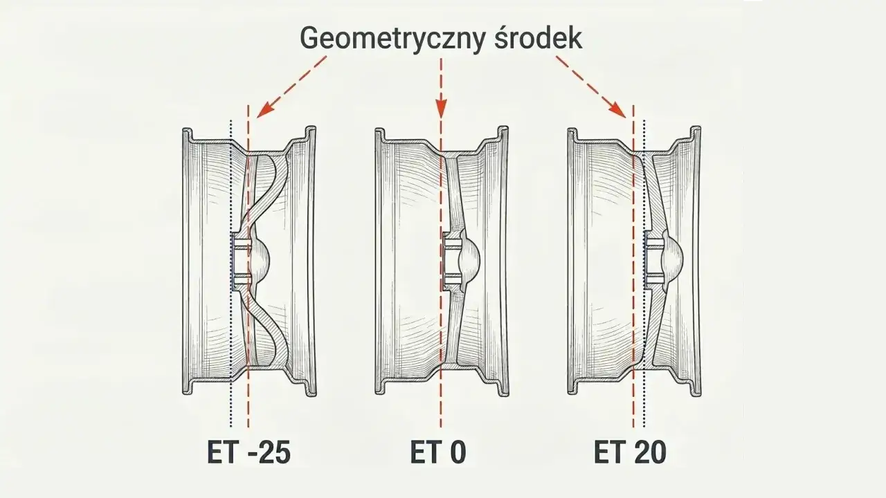 Ilustracja pokazuje trzy felgi z różnym osadzeniem: ET -25, ET 0 i ET 20. Pokazuje to, jak zmienia się położenie geometrycznego środka felgi względem jej płaszczyzny montażowej.