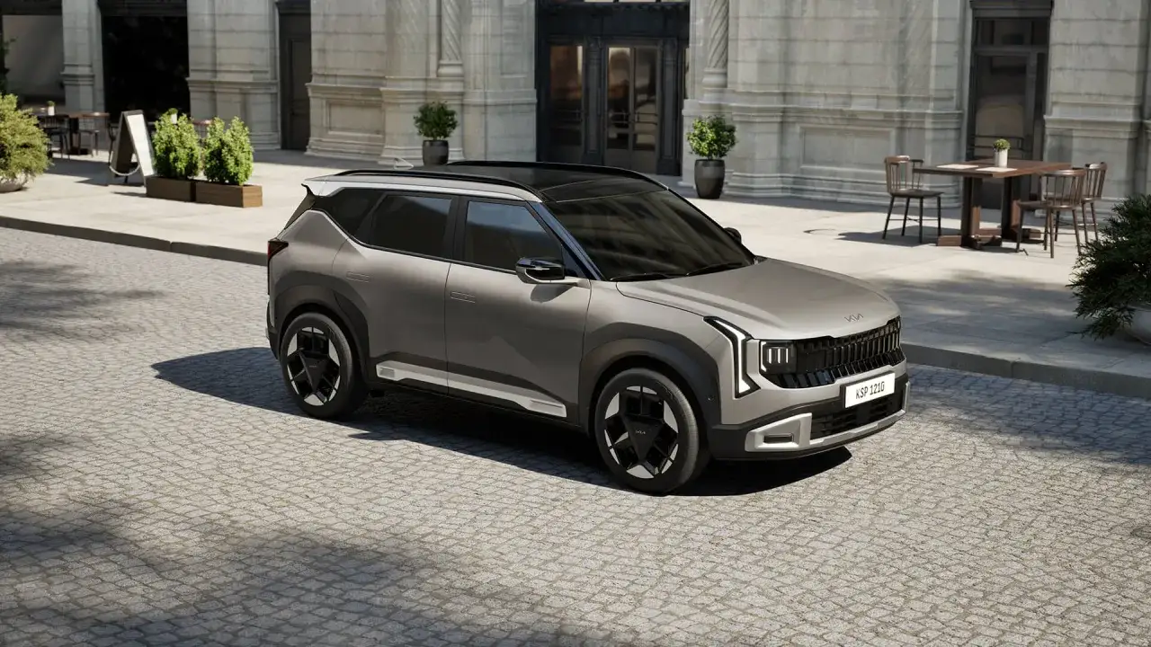 Nowoczesne kia modele, jak ten szary SUV, prezentują się elegancko na tle miejskiej architektury.
