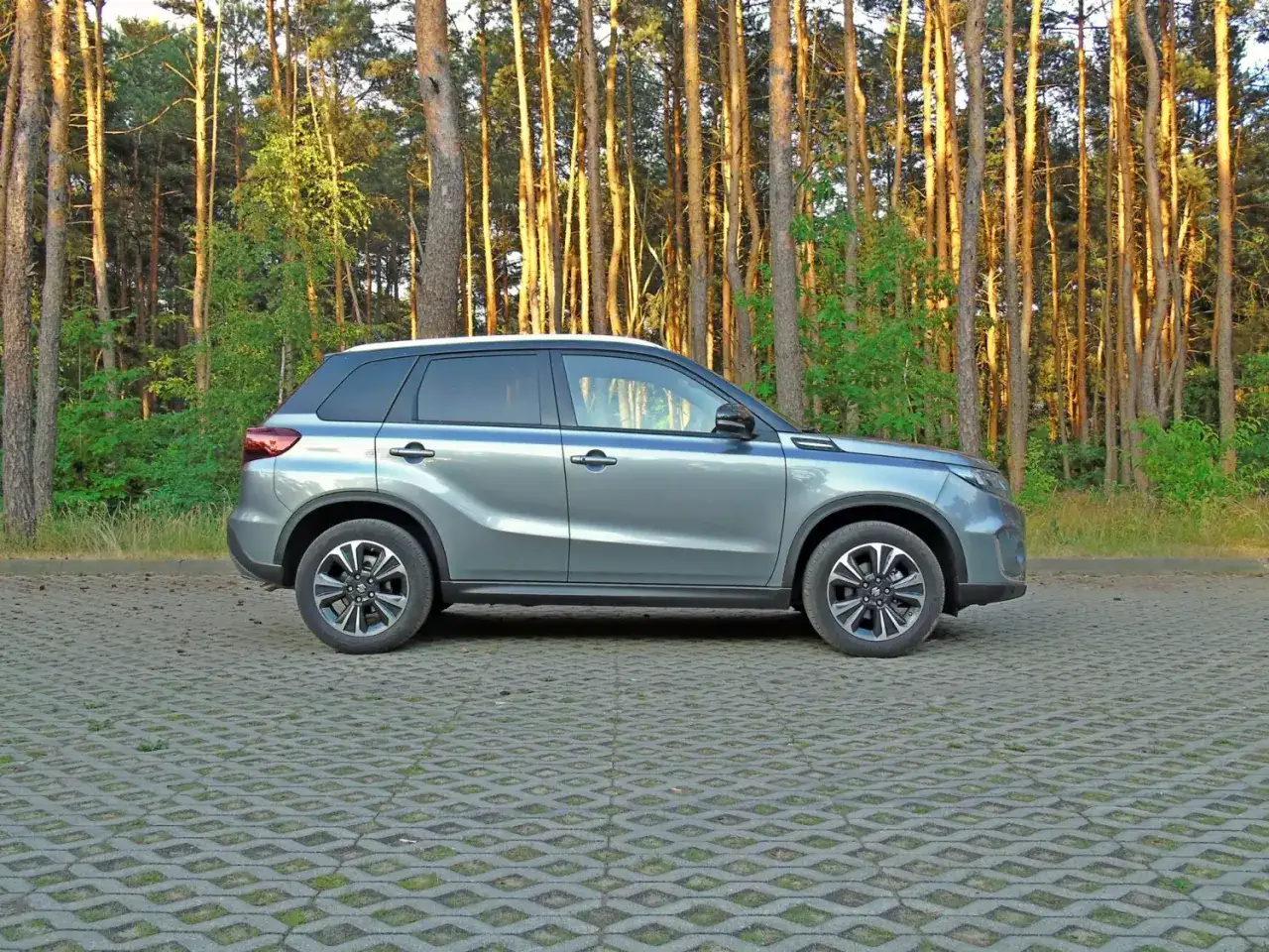Szary Suzuki Vitara na tle lasu. Sprawdź jego kompaktowe suzuki vitara wymiary, idealne do miasta i na leśne ścieżki.