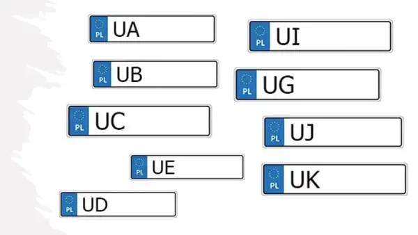 Przykładowe tablice rejestracyjne z literami UA, UB, UC, UD, UE, UI, UG, UJ, UK.