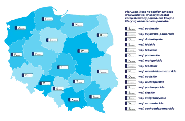 Mapa Polski z literami oznaczającymi województwa, klucz do rejestracji SC.