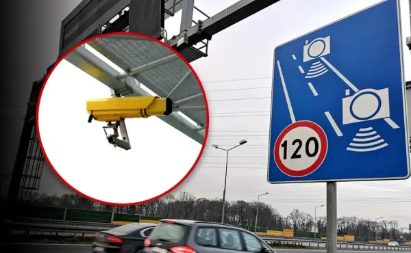 System odcinkowy pomiar prędkości S7. Żółta kamera monitoruje ruch, a znak informuje o limicie 120 km/h.