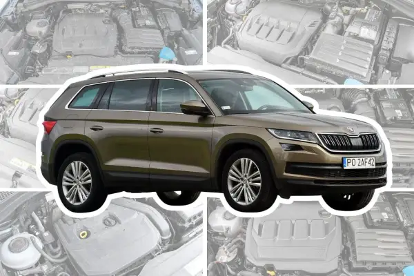 Brązowy Skoda Kodiaq na tle silników. Sprawdź skoda kodiaq opinie przed zakupem.