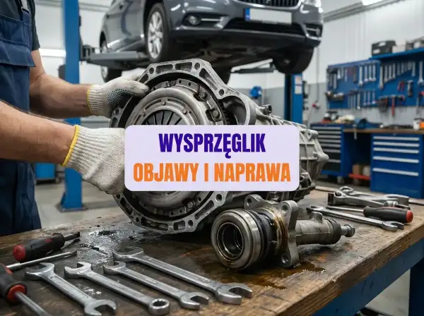 Mechanik pokazuje uszkodzony wysprzęglik. Na stole leżą klucze i narzędzia. Naprawa skrzyni biegów jest w toku.