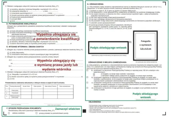 Formularz wniosku o wydanie prawa jazdy, z miejscem na zdjęcie 3,5x4,5 cm i podpis. Kategoria e prawo jazdy.